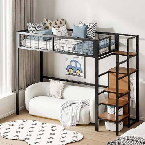 Merax Hochbett aus Metall, 90 x 200 cm, mit Kleiderschrank, multifunktionales Hochbett für 1 Platz mit Treppe, Schwarz (Ohne Matratze)