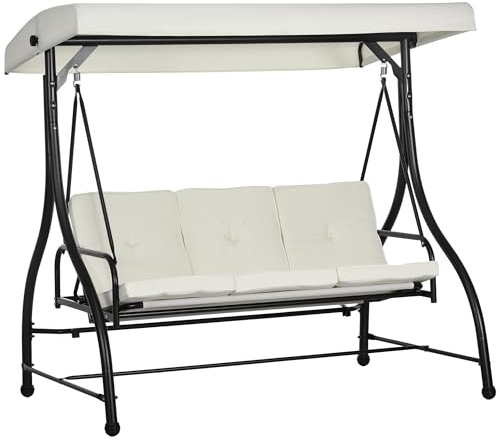 Outsunny Dondolo da Giardino 3 Posti con Tettuccio Regolabile, Dondolo Letto in Acciaio e Poliestere, 195x117x175 cm, Crema e Nero