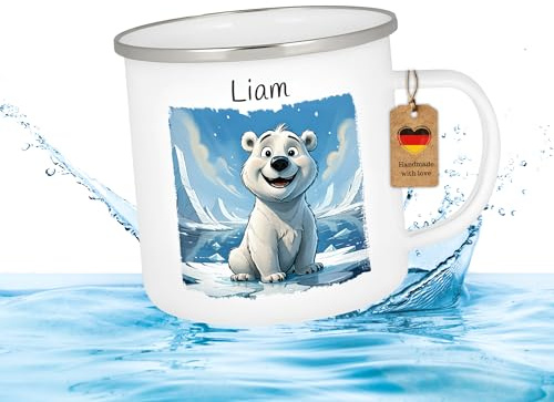 Druckerino Emaille Tasse für Kinder mit Namen personalisiert Geschenk personalisiert Namenstasse Tiere Geschenk mit Name Kinder Kindertasse mit Namen für den Kindergarten 300 ml (Eisbär)