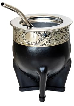 Tasse mate impériale argentine de qualité supérieure - Calebasse fabriquée en bois de citrouille naturel - Extérieur cuir noir avec argent allemand - Ampoule incluse