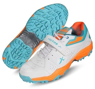 Vector X CKT-200 Cricket Shoes | Material: PU | for Men & Boys | Padded Ankle Collar | Padded Footbed, White Blue Orange, 8 Men