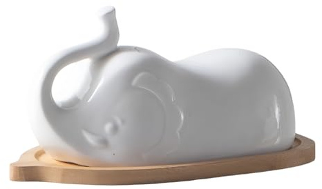 HAN SHENG Beurrier en céramique en forme d'éléphant de 20 x 12 x 10 cm avec plateau en bambou pour beurre, beurrier - Décoration de cuisine pour côte Est/côte ouest/grand beurre