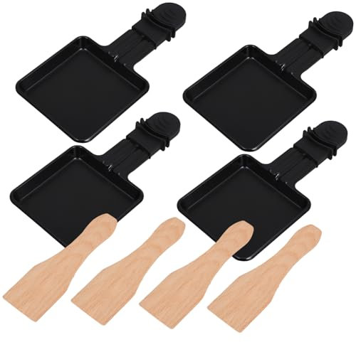 BEBEMOKO 4 Sets Square Mini Raclette Grill Pans Non-Stick Cheese Melt Trays Spatula for Baking Frying and Grilling Meat Seafood Cheese High-Temperature Safe