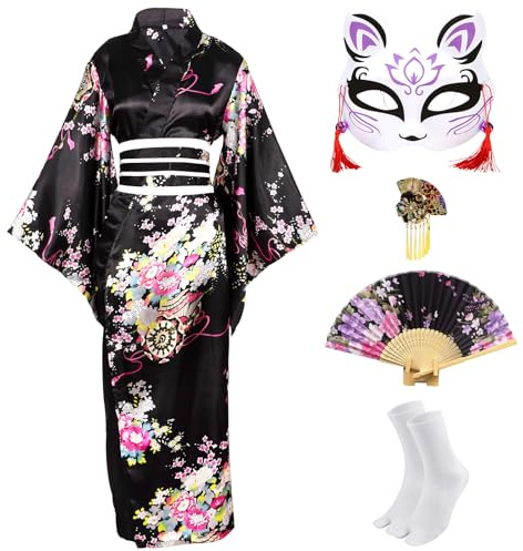 CRFASIBE 5 Pièces Kimono Japonais Femme, Tenue de Yukata Style Set avec Éventail, Maske, Cheveux, Carnaval Costume, pour Fête ou Spectacle (Noir)