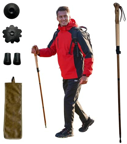 FOREST PILOT Trekking Pole - 1pc Pack Sassafrases Wood Adjustable&Detachable Hiking or Walking Stick with Flip Lock & All Terrain Accessories - Brown Hand Strap