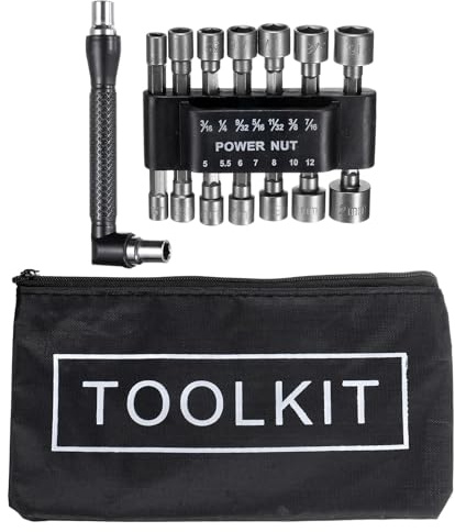sourcing map 16pcs Power Nut Driver Drill Bit Set 3/16-7/16 5-12mm Metric SAE 6-Point Drill Socket 1/4 Hex Shank with L-Shaped Manual Wrench and Storage Bag