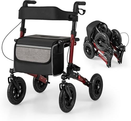COSTWAY Déambulateur Pliable Tout-Terrain à 4 Roues avec Siège, Rollator avec Pneus de 23 cm Hauteur Réglable Dossier Ergonomique et Cadre en Aluminium Léger (62 x 82 x 81,5-97 cm,Rouge)