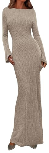 PRETTYGARDEN Women's Fall Fashion 2026 Long Sleeve Maxi Dress Ribbed Knit Boat Neck Bodycon Casual Dresses Going Out Outfits (Apricot,Large)