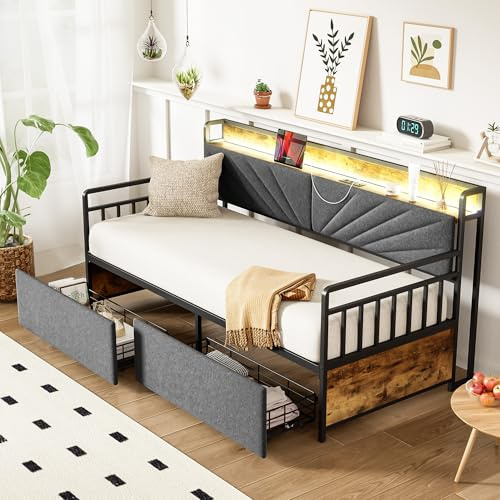 Metallbett Tagesbett 90x200 cm, Einzelbett Jugendbett mit LED-Beleuchtung, Steckdosen, 2 Schubladen und Staufächer, Bett Schlafsofa Sofabett Funktionsbett Gästebett Bettgestell, Ohne Matratze, Schwarz