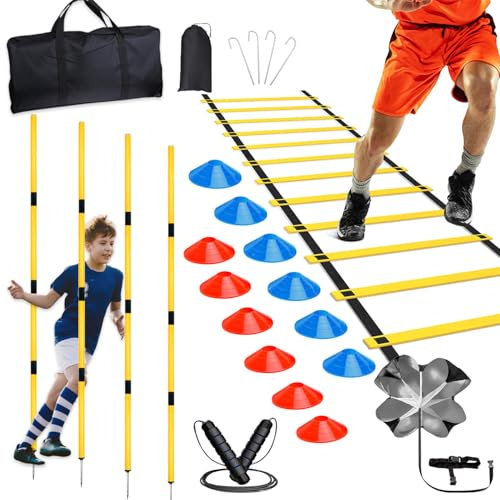 Hanlintk Set da allenamento da calcio con 6 barre agility, scala di coordinazione calcio e 10 cappelli – perfetto per allenamento veloce, calcio, basket e molto altro ancora – colore chiaro per una