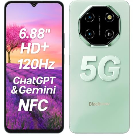 Blackview Shark 6 5G Teléfono Inteligente con IA, 24GB+128GB, Pantalla 6.88 HD+ 120Hz, 3 Asistentes IA Integrados, Cámara 16MP+8MP, Dual 5G Dual SIM, Android 15 Smartphone Móvil Libre, NFC, Verde