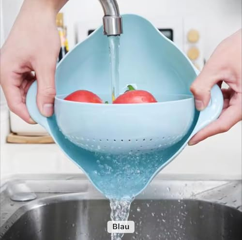 Rinzo CleanBowl Küchensieb mit doppelter Abtropfschale, Multifunktions Sieb für Obst und Gemüse, Spülbecken-Abtropfsieb, rosa und hellblau und mintgrün (hellblau)