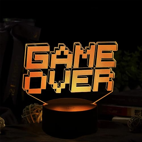 EleBikk 3D Lampe GameOver, 3D Illusion Nachtlicht, 3D-Nachtlicht mit Spielmotiv, Kunststoffsockel mit Acryl-Leuchtplatte, 5V USB-Stromversorgung, Geeignet für Kinderzimmer, Wohnzimmer, Schreibtisch
