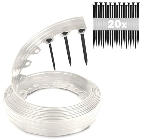 GARDENIX Bordure de pelouse Flexible en Plastique - Résistante aux intempéries - Bordure de Parterre Ronde - Bordure de Parterre de Fleurs - Gris Clair - 10 m - 20 piquets - Hauteur : 6 cm