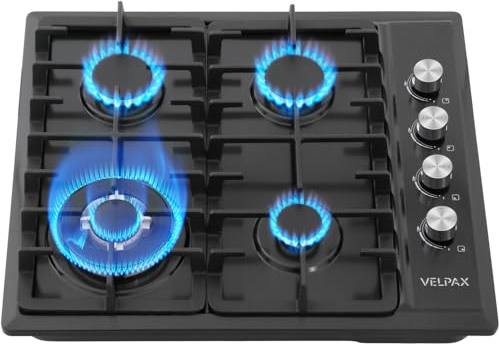 Piano Cottura a Gas 4 Fuochi, Piano Cottura a Gas da Incasso in Acciaio, Pulsante di comando laterale, con Protezione Automatica Della Fiamma, 7800 Watts, GPL/Gas naturale