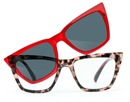 TranStep 2-in-1 magnetische Lesebrille mit aufsteckbaren Sonnenbrillengläsern Farbtöne Anti-UV Smart-Click (Rotwein & Schildpatt, 2.0)