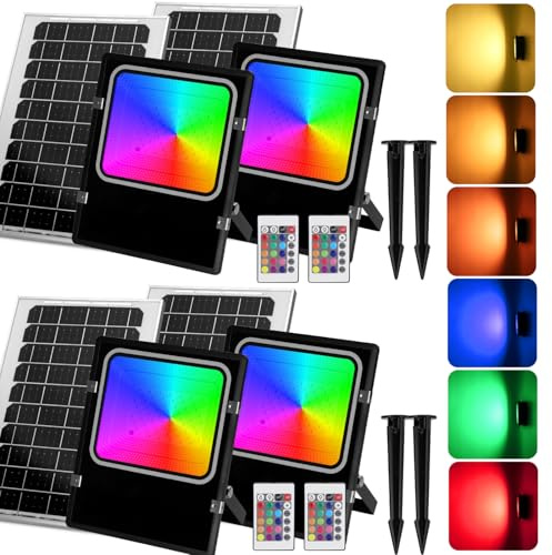Aigostar 100W Foco Solar Exterior RGB con Mando a Distancia, 8000mAH Batería de Gran Capacidad y Gran Panel Solar. IP66, Cable de 5M. Proyector LED para Interior y Jardín, Patio, Camino, 4 piezas