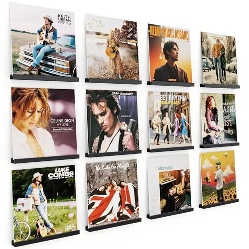 Emfogo Vinyl Record Shelf Wall Mount, 12 Pack Album Record Holder Wall, 12 inch Vinyl Record Storage Shelves Wall, Wood Record Display for Living Room (Black)