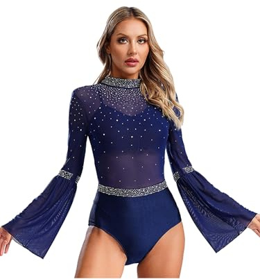 Eandarui Tanzbody Damen Glitzer Strassstein Ballett Body Mit Trompetenärmel Transparent Mesh Patchwrok Gymnastiktrikot Cut Out Turntrikot Dancewear
