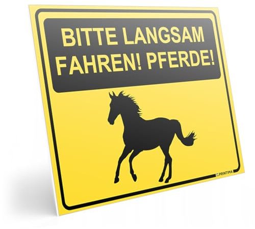 PRINTIMA Warnschild „Bitte langsam fahren! Pferde!” 40x30cm aus PVC inkl. Montagematerial – wetterfeste Hinweistafel mit Pferdemotiv für Reitwege & ländliche Straßen