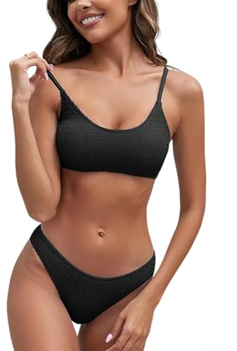 ADUDVLO Women Bikini Sets Scoop Neck Ribbed Cheeky Textured Spaghetti Strap Two Piece Bathing Suit (UK, Alpha, S, Regular, Regular, Black)