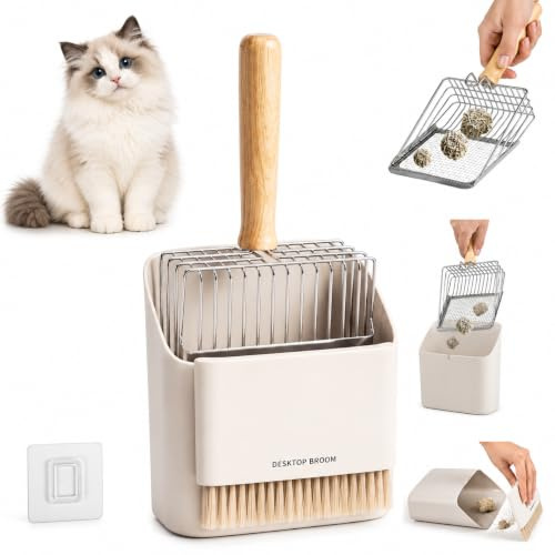 Xygobla Stainless Steel Cat Litter Scoop Holder | Heavy Duty Cat Litter Scooper with Portable Dustpan Broom Ergonomic Fast Sieving Coarse Fine Grid All Clumps Clean Tool