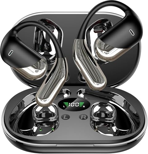Open Ear Clip Wireless Earbuds Bone Conduction Headphones, Bluetooth 5.4, Open Ear Design for Running Fitness,office，Built-in Mic, IPX7 Waterproof, LED Display Charging Case,Ear Hooks Ear Buds