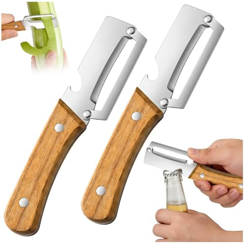 2PCS Multi Function Peeler Knife,Peelers for Kitchen,Peeler Knife for Wooden Handle Peeler Stainless Steel Blade 2-in-1 Multifunctional Tool with Bottle Opener for Potato, Fruit, Vegetable