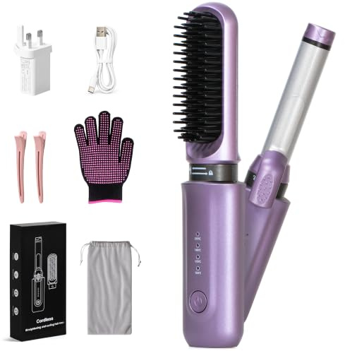 Cordless Hair Straightener Curler 2 in 1, Rechargeable Travel Size Hair Tools, Interchangeable Cordless Hair Straightener Brush with 4 Temp MCH Ceramic Heating for On The Go Styling, Purple