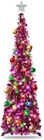 MACTING Künstlicher Weihnachtsbaum Mit Beleuchtung, 5Ft/1.5m Fuchsia Tannenbaum Künstlich, Zusammenklappbarer Pop-up Christbaum Mit Weihnachtskugeln, Sternspitze, Weihnachtsdeko, Weihnachten Deko