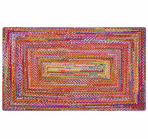 RAJRANG Handmade Cotton Chindi Rag Rug Multicolor Braided Rectangle Area Rug for Decorative Living Room Bedroom Floor Mat and Home Decor - 90x152 cm