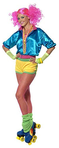 shoperama 3-teiliges 80er Jahre Skater Girl Damen-Kostüm Jacke Top Shorts 80`s Achtziger Rollschuh-Disco Neon