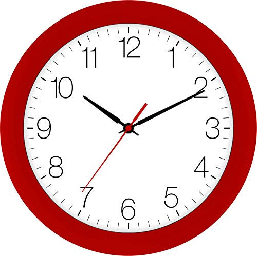 Eurotime Funkwanduhr, 30 cm, Rot, Kunststoffgehäuse, gewölbtes Echtglas, automatische Zeitein- und Zeitumstellung von Sommer- und Winterzeit, klares Zifferblatt, 52800-01-2