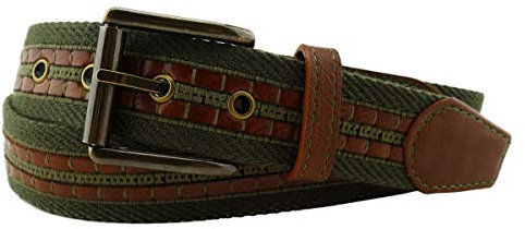 TigerTie hochwertiger Stoffgürtel mit Edelstahl Schnalle und echt Leder Applikationen in oliv grün gemustert. Gürtelbreite 35 mm, Bundweite 90 cm