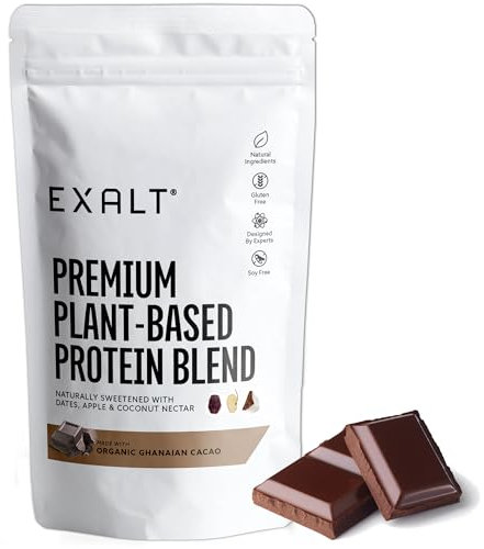 EXALT Nutrition - Vegan Protein Powder - Ghanaian Cacao - 100% Natural - Plant Based Pea & Brown Rice Protein - Dual Release Blend - Naturally Sweetened - Free from Soy, Gluten & Dairy - 500g