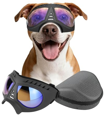 PETLESO Large Dog Goggles Pet Eyes Protection for Medium to Large Breed, Windproof Snowproof UVproof Dog Sunglasses for Outdoor Hiking/Cycling/Driving, Soft Frame Adjustable Straps, Clear Blue Lens