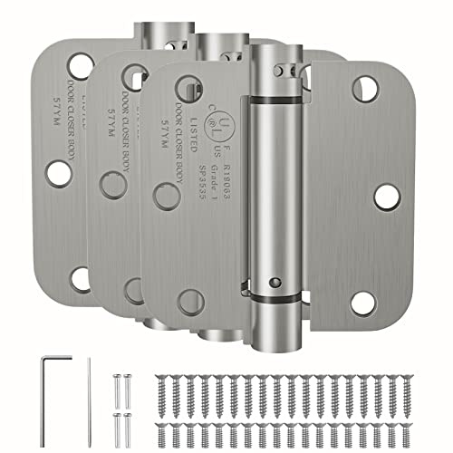 HOSOM Selbstschließende Türscharniere, 8,9 cm, federbelastete Scharniere, verstellbare Spannung für Innentür, UL-gelistet, für linke und rechte Tür, 1,6 cm Radius-Ecken, gebürstetes Nickel, 3 Stück