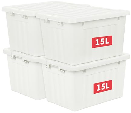 Cetomo 15L*4 Cajas de Almacenamiento con Tapas, Contenedores de Plástico con Broches de Enganche, Clip On, Apilables, Encajables, Organizador Rayado para Ropa Juguetes Armario, Blanco, 15L-4 Pack
