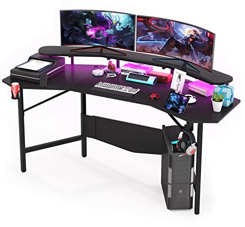 Mesa Gaming, 180x60cm, Escritorio ergonómico con Luces LED, Mesa para Ordenador Escritorio Grande, 2 Ranuras, Soporte para Tazas y Auriculares, Fibra de Carbon