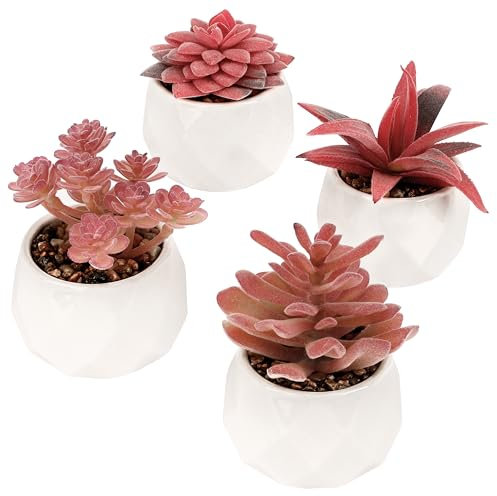 Belle Vous Pack de 4 Plantas Artificiales Decorativas Pequeñas - Mini Macetas Decorativas de Cerámica Realistas - Para Hogar, Oficina, Mesa, Escritorio, Dormitorio o Decorar el Baño