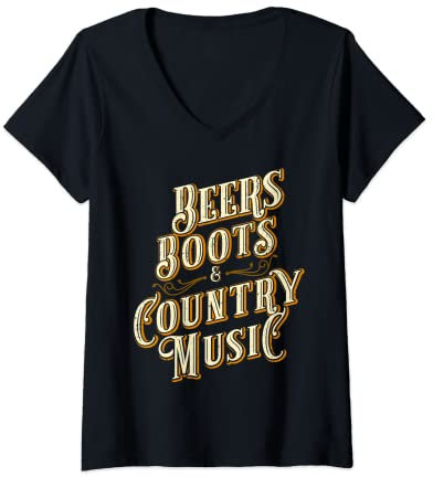 Damen Lustige Bierstiefel & Country Musik Country Western T-Shirt mit V-Ausschnitt