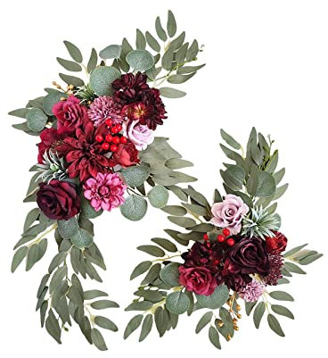 belupai 2 Stück Hochzeitsbogen-Blumen für Zeremonie, Künstliche Rosen-Pfingstrosen-Blumengirlanden, Rustikale Gefälschte Hortensien-Sonnenblumen-dekorative Girlanden für Hochzeitsschild,(Rot)