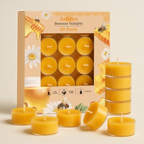 Ashlux Velas de Té de Cera de Abeja 100% Natural, 40 Unidades, 4 Horas de Combustión, Sin Perfume y Sin Humo, Para Hogar, Bodas, Navidad y Spa