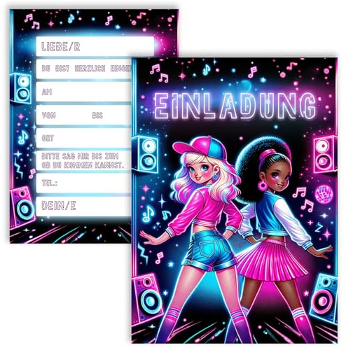 E&G Klasse 10x Kinder Einladungskarten Einladung Kindergeburtstag Hip Hop Mädchen 10x15 cm Neon Lila Blau Rosa Tanz Musik Party Geburtstag Einschulung