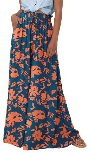 BTFBM Women Casual High Waist Wide Leg Pants 2026 Spring Summer Long Palazzo Pants Pocket Lounge Beach Vacation Clothes(Print Dark Blue Orange, Large)