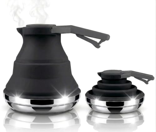 Heather Bouilloire de camping pliable en silicone et acier inoxydable 1,5 L – Bouilloire pliable pour l'eau bouillante – Bouilloire à gaz portable pour cuisinière à gaz, camping, caravane, capacité de