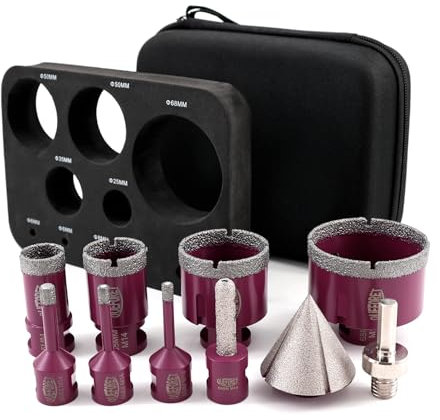 QUEFORET Punte Diamantate Gres Porcellanato 10 Pezzi - 7 Pezzi 6/6/8/25/35/50/68mm x M14 Punte Trapano, 10mm Fresa, 50mm Punta Smusso, Adattatore per Porcellana Piastrelle Ceramica Marmo Granito