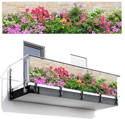 MuchoWow© Balkonsichtschutz Einseitig Groß PVC Terrassen Garten ohne Bohren | 85x300 cm - Wetterfest Balcony Privacy Screen Zaun Terrasse Balkondeko Garden Blumen - Farbenfroh - Steinoptik