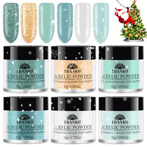 EBANKU Acryl-Nagelpulver-Set für Weihnachten, professionelles grünes Nagelpulver für Maniküre und Nagelverlängerung, 6 Stück