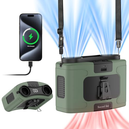 Socool 20000mAh Portable Waist Fan Clip on Wearable Belt Personal Fans Rechargeable Battery Operated, 40H Cooling Fan with 10 Speeds & Dual Motors, Neck Fans Hanging Hands-Free for Outdoor Travel